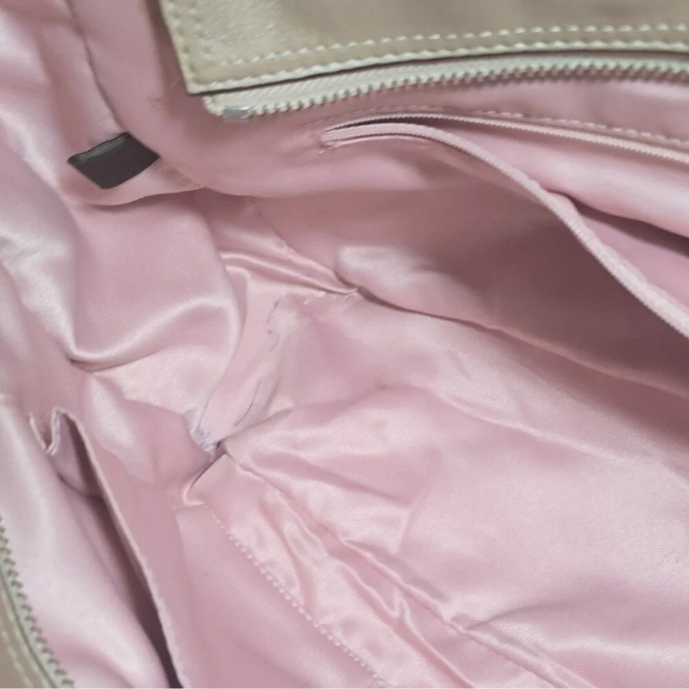 Coach Madison Beige Taupe Leather Tote Bag Zip Top Pink Lining Silver Charm [083